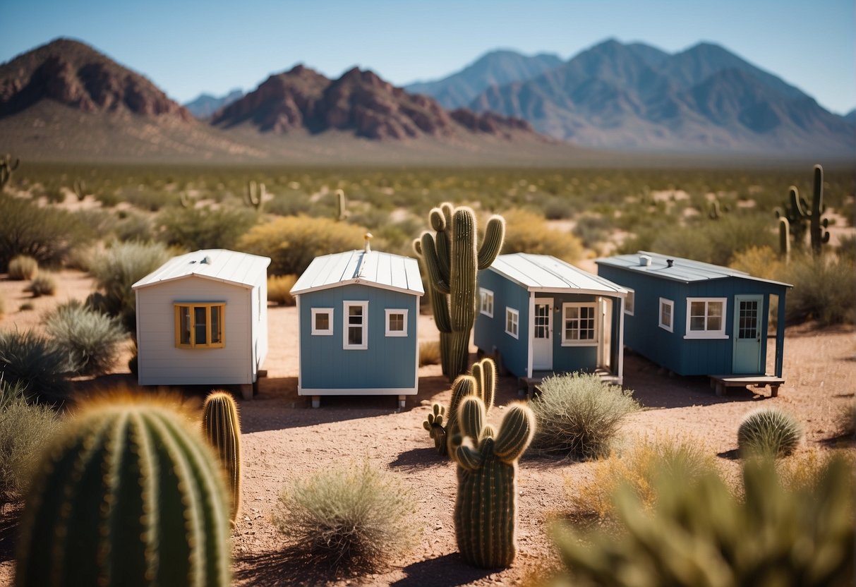 A cluster of tiny houses nestled in the Arizona desert, surrounded by cacti and mountains, under a clear blue sky