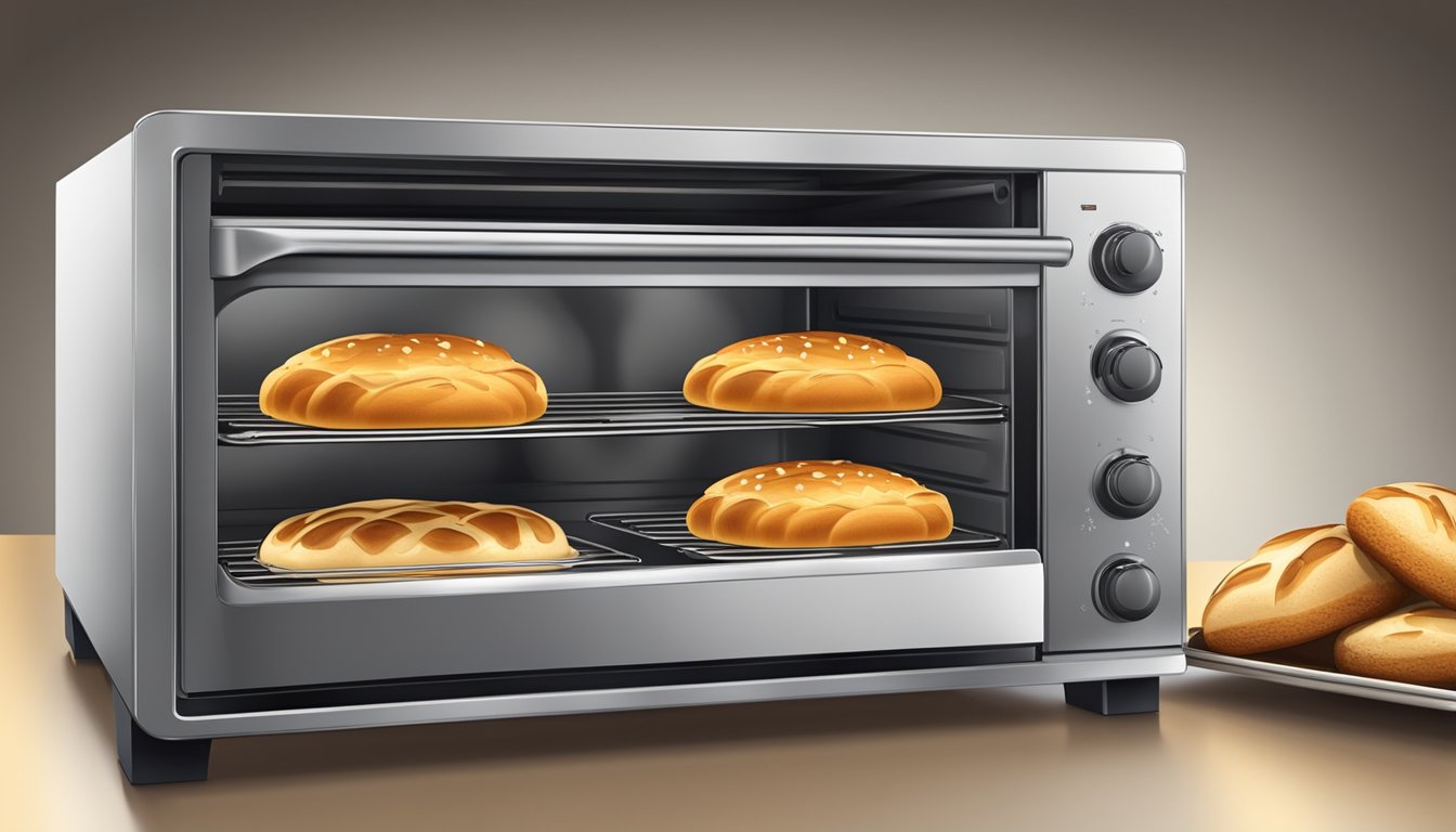 A modern stainless steel oven with a digital display, filled with golden brown loaves of bread and a tray of perfectly risen muffins