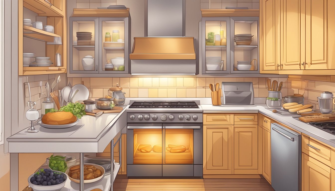 A modern kitchen with an open oven door, emitting a warm glow, surrounded by various baking tools and ingredients