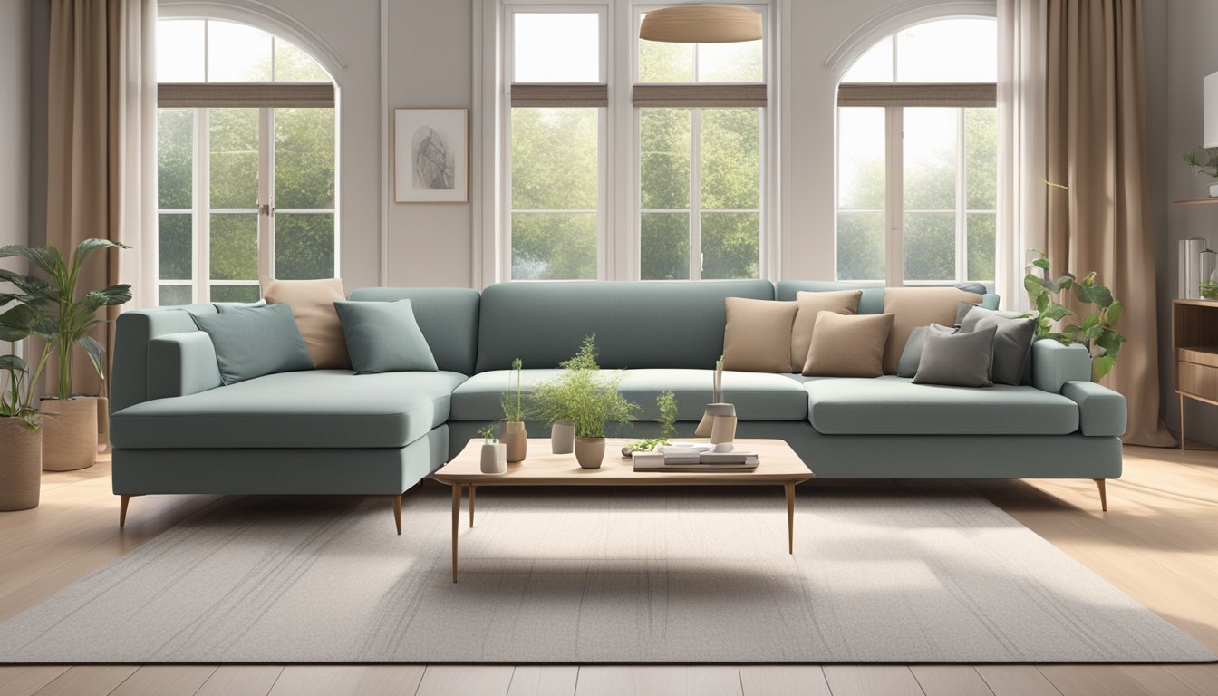 A spacious living room with a modern 4-seater sofa in a neutral color, placed against a large window with natural light streaming in