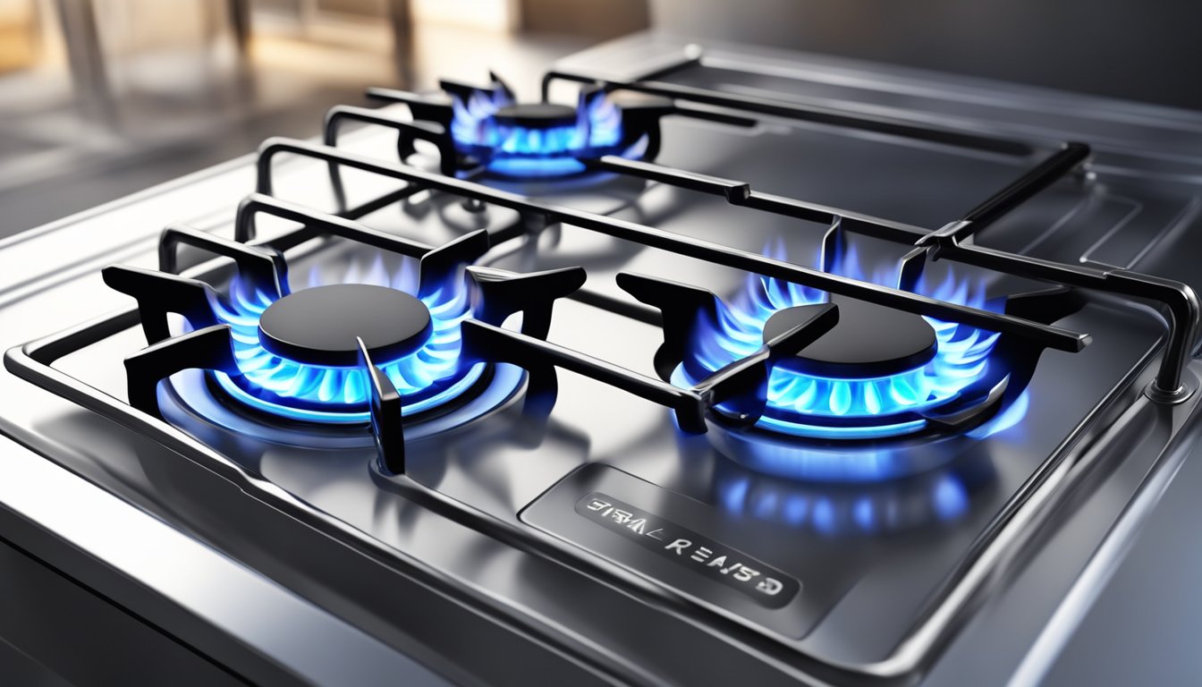 A blue flame dances on the burner of an electronic gas kitchen stove. The metal grates below are gleaming in the light