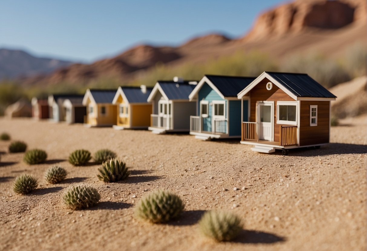 A row of tiny homes nestled among desert landscape, with zoning regulations and building codes displayed in the foreground