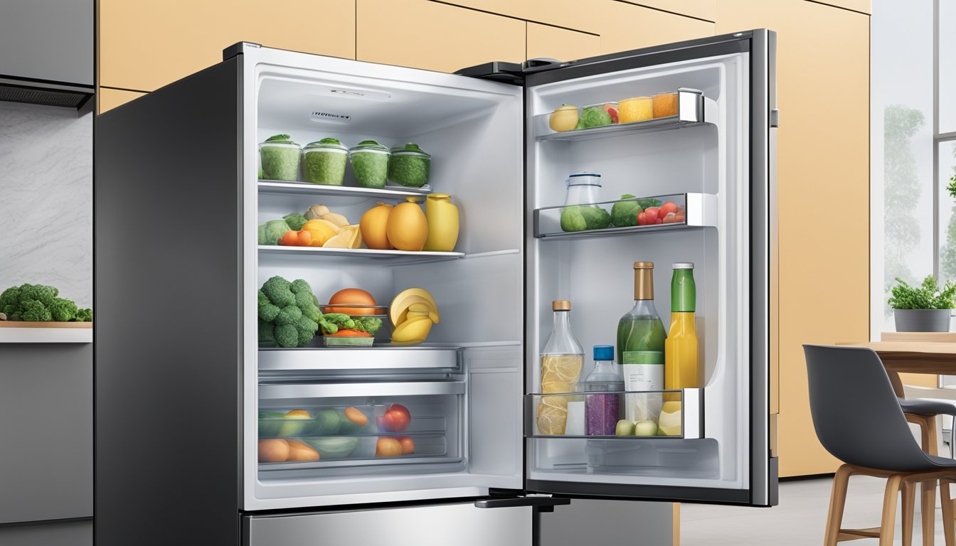 A sleek, modern fridge sits in a compact Singaporean kitchen, perfectly fitting the space with its stainless steel finish and digital temperature display