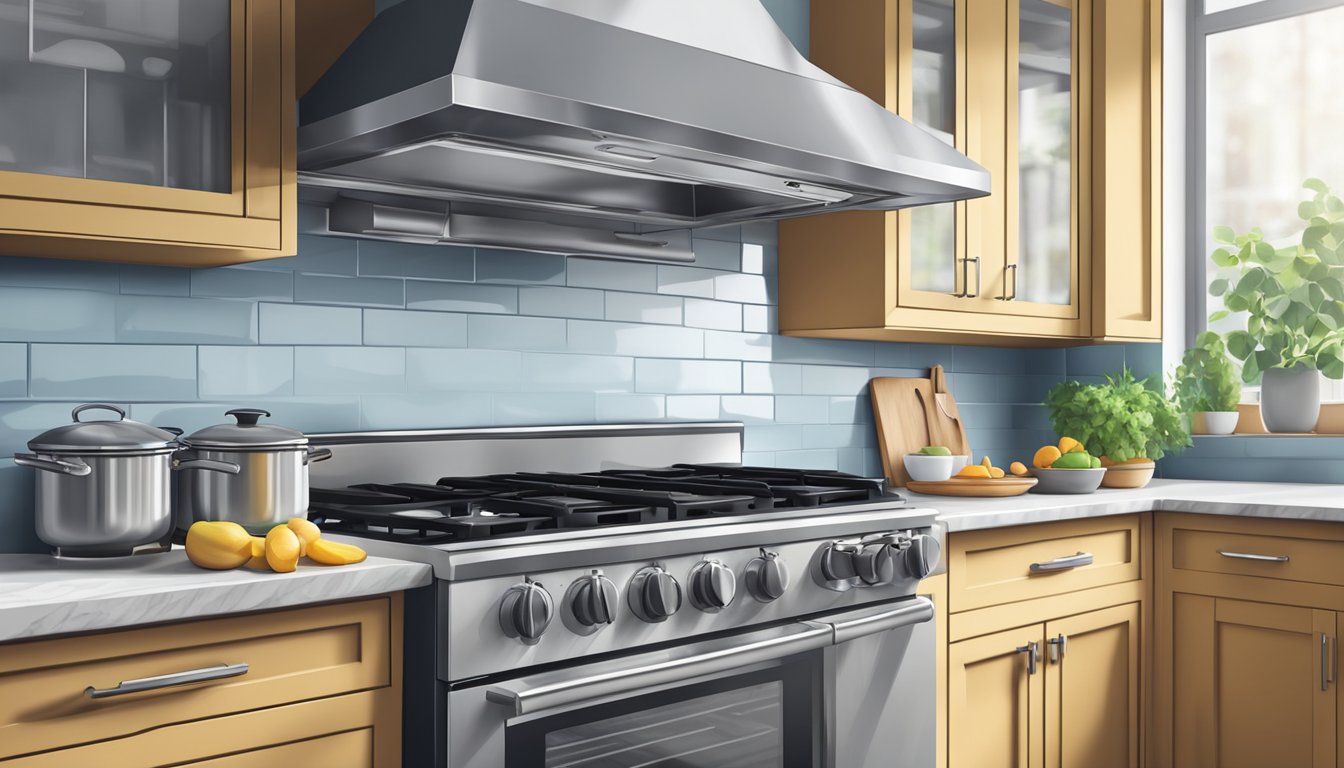 A gas stove with electronic controls sits in a modern kitchen, with pots and pans on the burners and a vent hood above