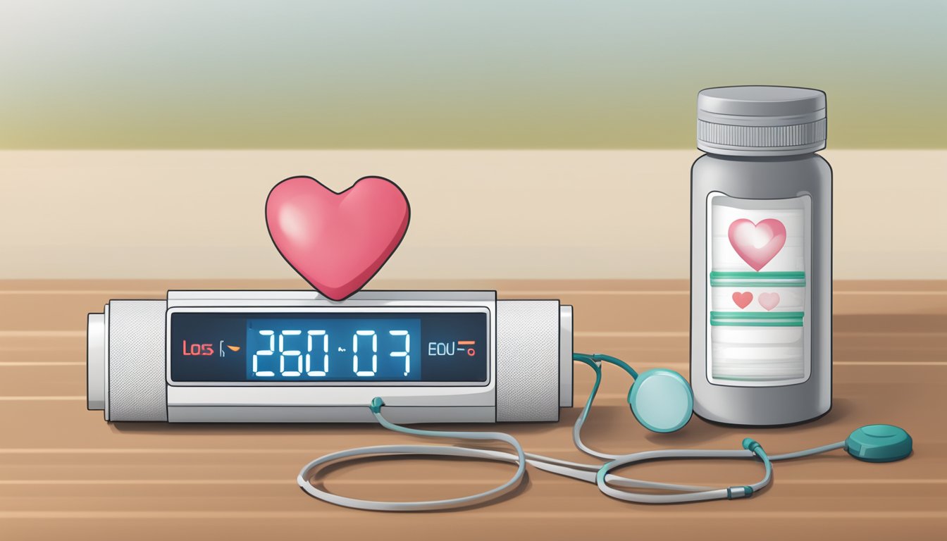 A heart-shaped pill bottle labeled "Losartan" sits next to a digital heart rate monitor displaying a steady, healthy rhythm
