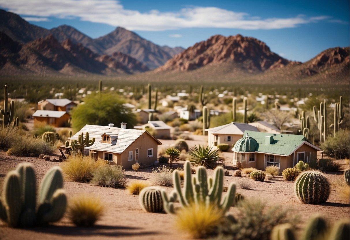 A cluster of small houses nestled in the Arizona desert, surrounded by cacti and mountains in the distance