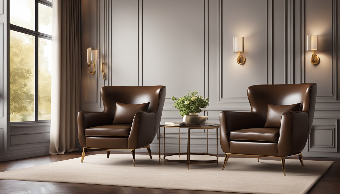 Two custom made leather chairs sit side by side in a luxurious living room, their rich brown upholstery gleaming in the soft ambient light