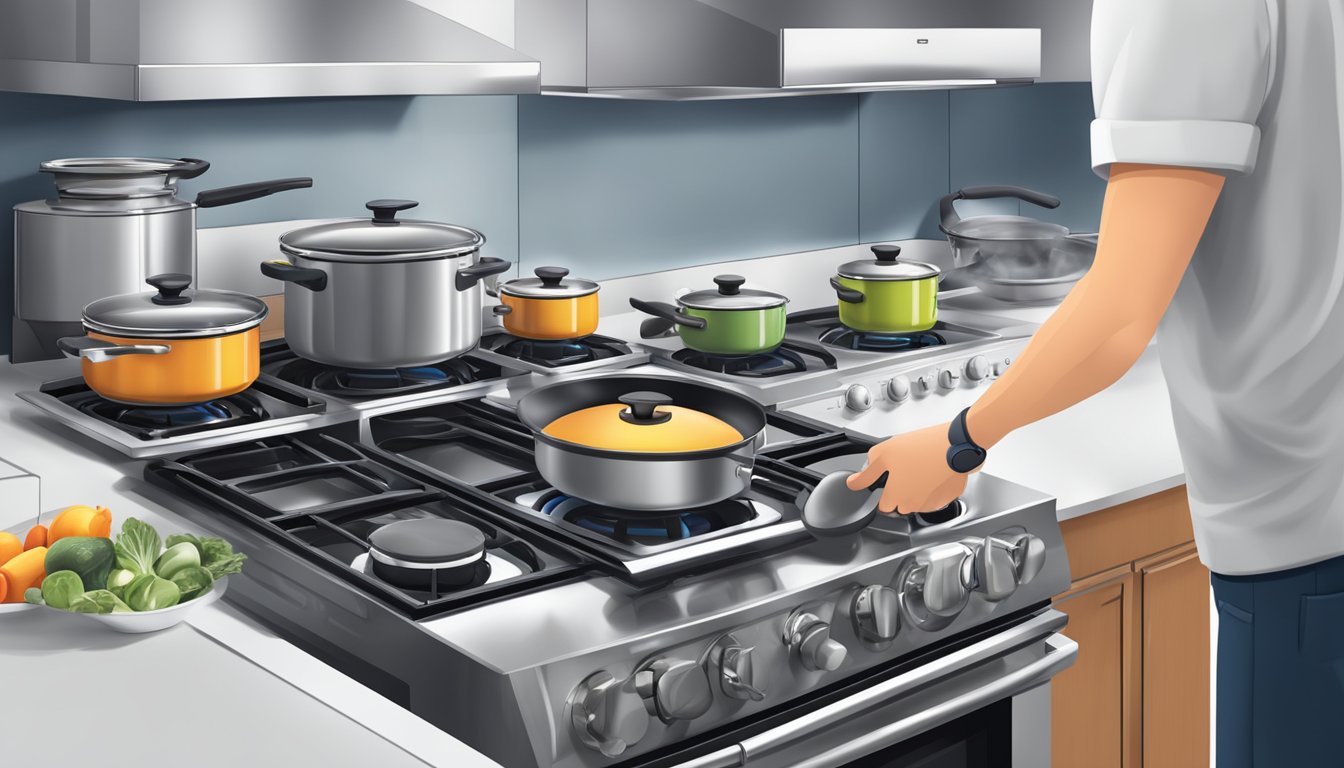 A hand reaches out to select a sleek electronic gas stove from a display, surrounded by various kitchen appliances and cookware