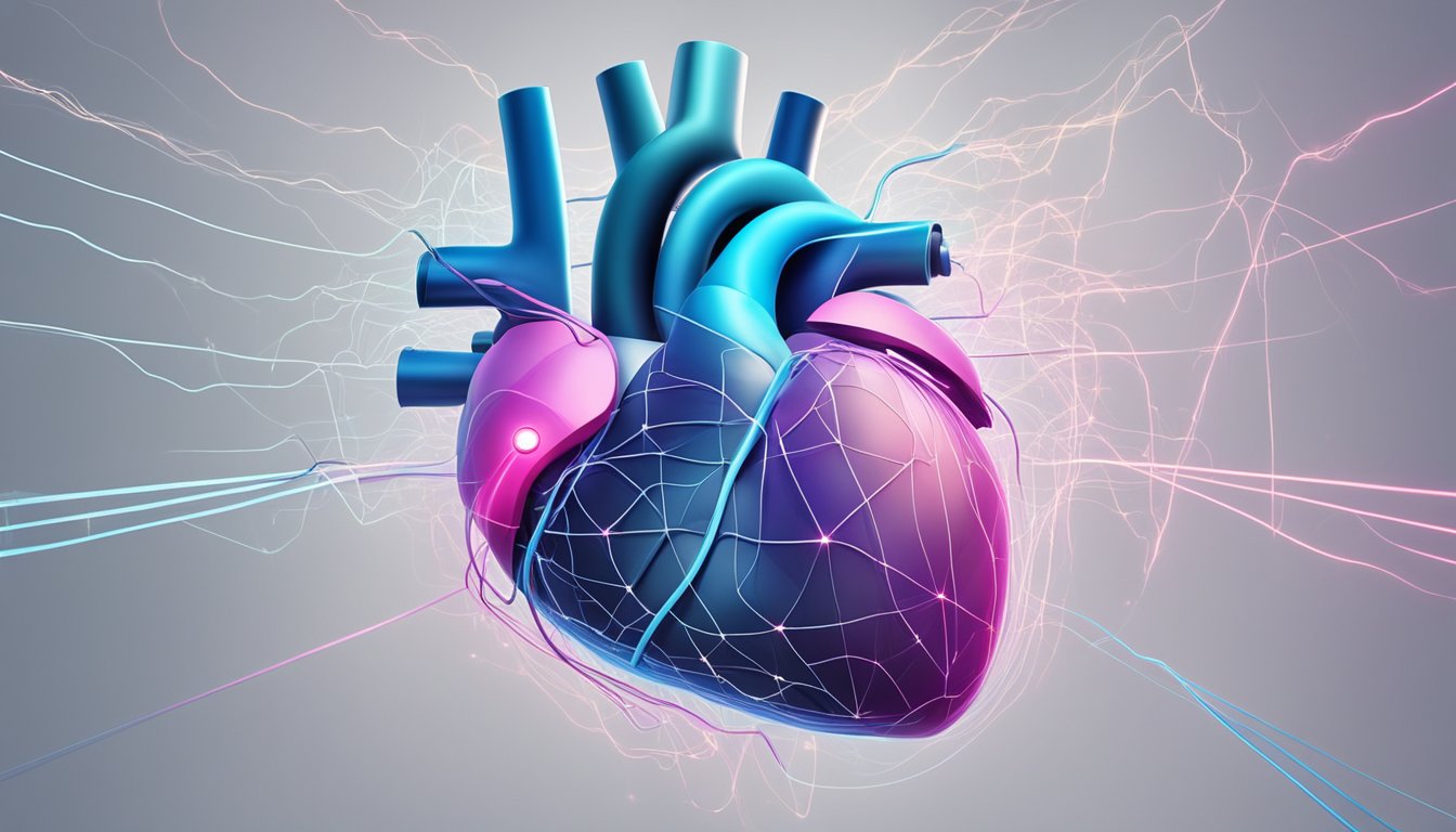 A heart with irregular beats, pulsing rapidly and then slowing down, surrounded by electrical signals