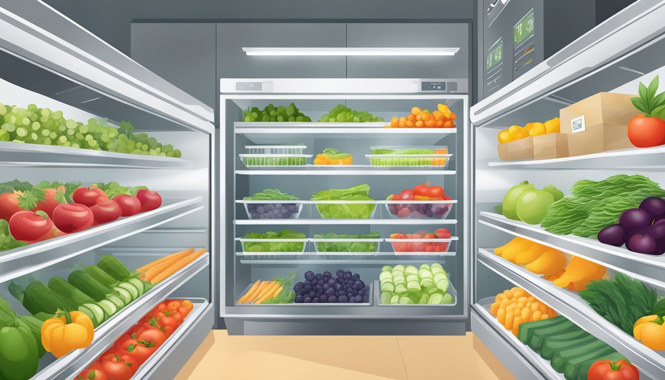 Fresh produce neatly organized in a clean, modern fridge. Temperature and humidity controls are visible. Airtight containers and labels promote hygiene