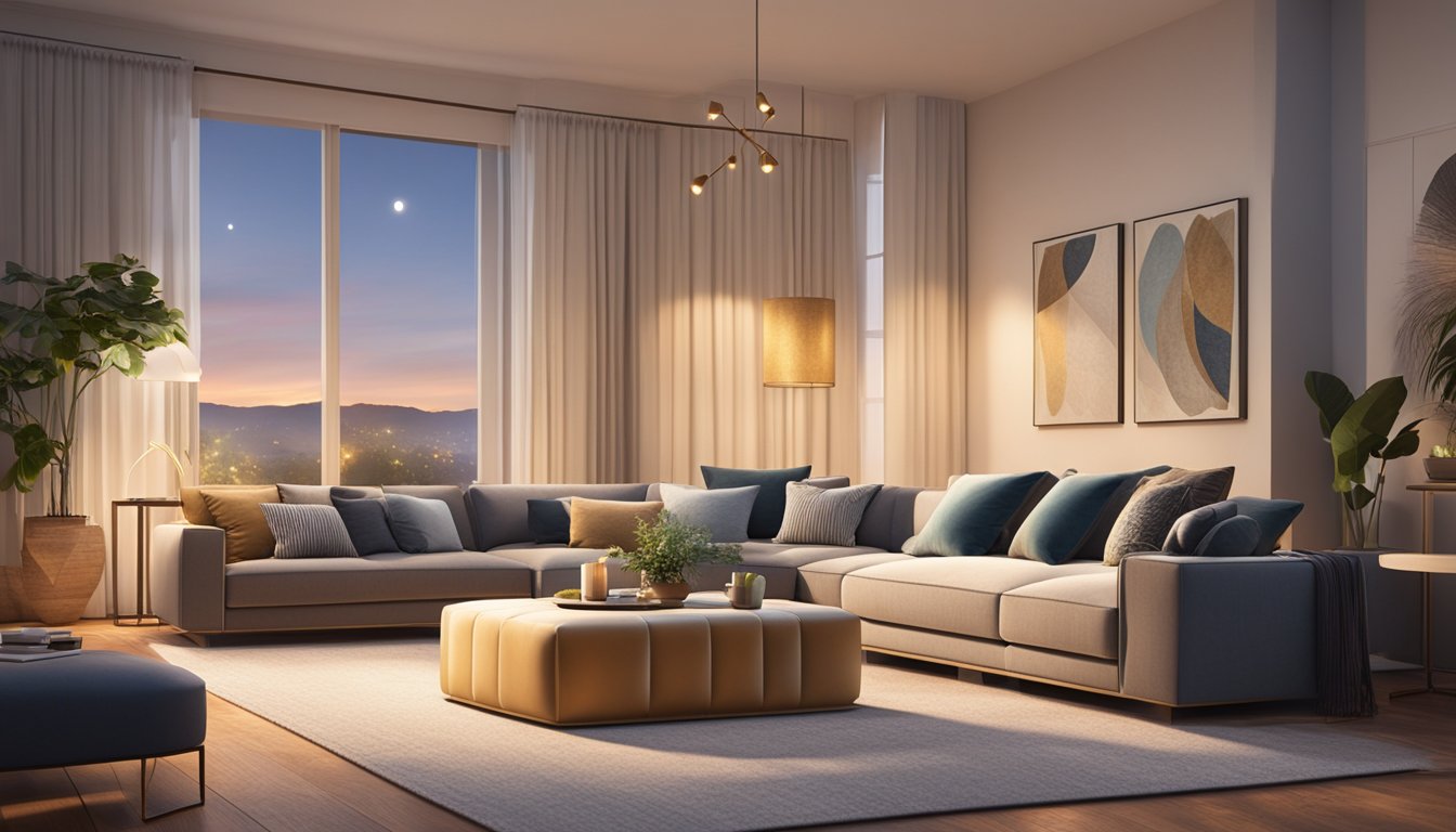 A 4-seater sofa is positioned in the center of a spacious living room, surrounded by cozy throw pillows and a soft, plush rug, with a warm, inviting ambiance created by soft lighting and decorative accents