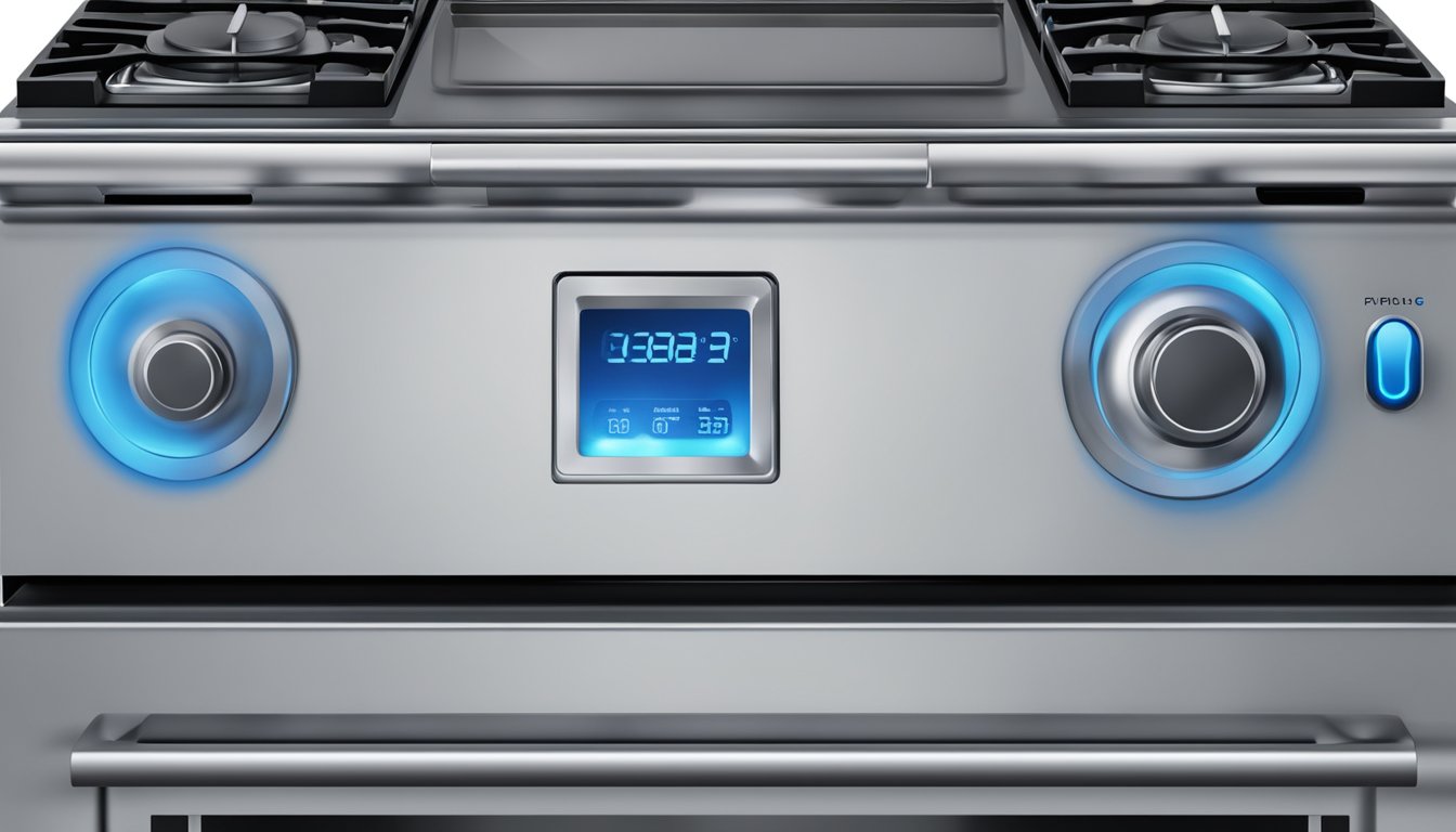 A kitchen stove with digital display and buttons, emitting blue flames