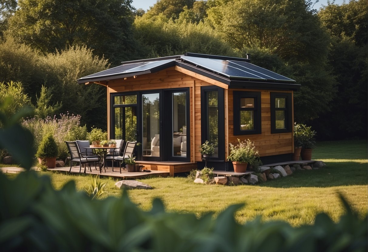 A cozy tiny house with a lush garden and solar panels, surrounded by rolling hills and a clear blue sky