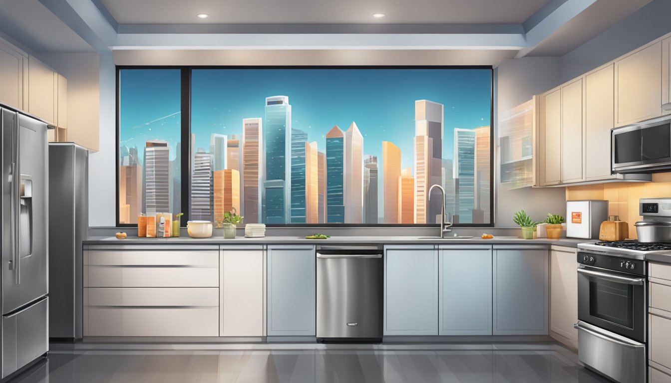 A modern kitchen with a sleek stainless steel fridge featuring a prominent "Frequently Asked Questions" sticker, set against a backdrop of a bustling Singapore cityscape