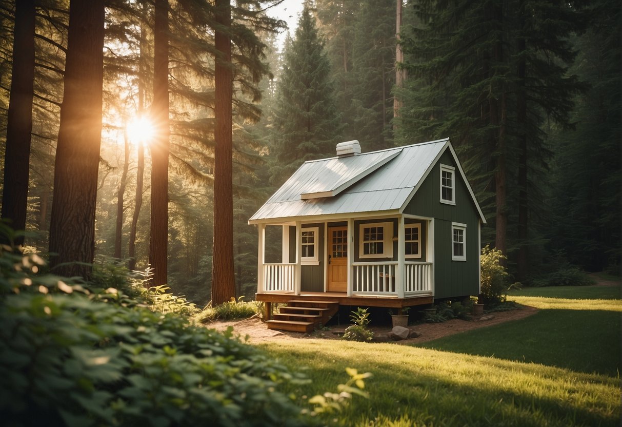 Angel and Ashley's tiny house sits nestled in a lush forest clearing, surrounded by towering trees and a babbling brook. The sun shines through the leaves, casting dappled light on the quaint home