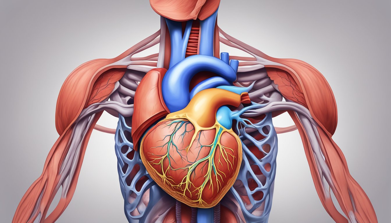 A heart with CCF disease, showing enlarged chambers and weakened muscle, surrounded by blood vessels and a distressed expression