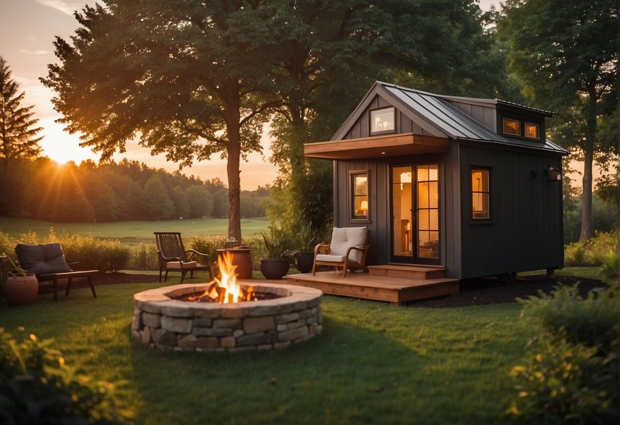 The tiny house sits on a lush green plot, surrounded by trees. A cozy fire pit and outdoor seating area invite relaxation. The sun sets in the background, casting a warm glow over the scene