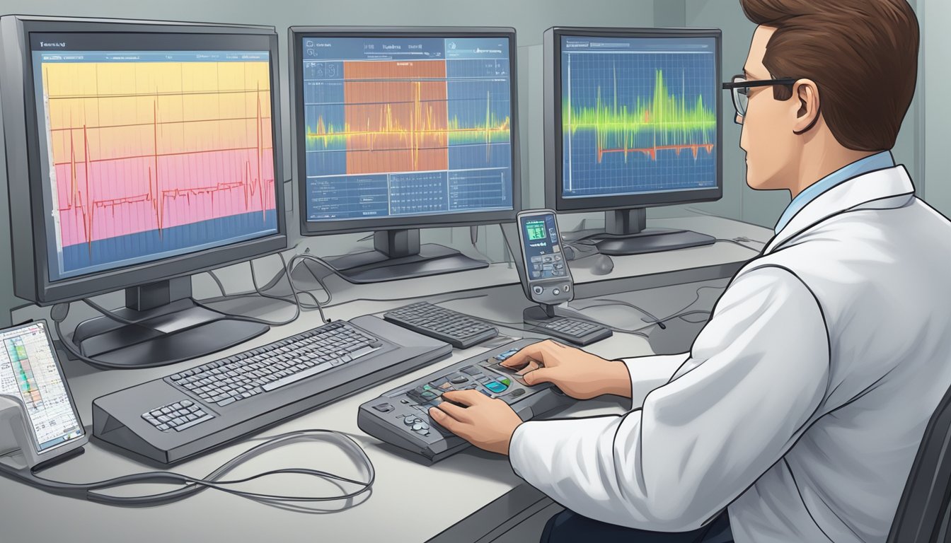 A heart monitor displays irregular heartbeats. A doctor rushes to intervene, administering medication
