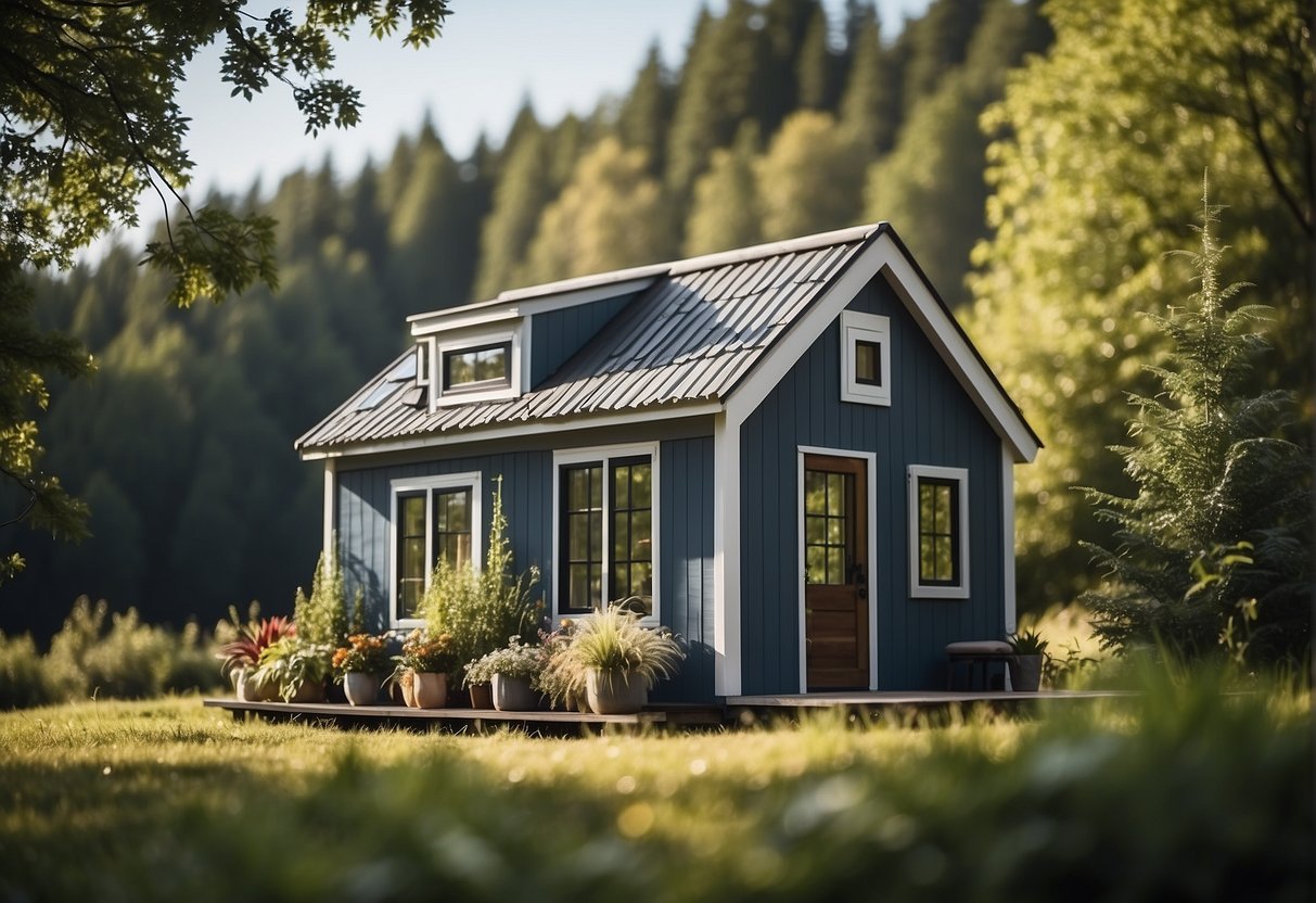 The tiny house sits nestled in a serene landscape, surrounded by lush greenery and a clear blue sky above