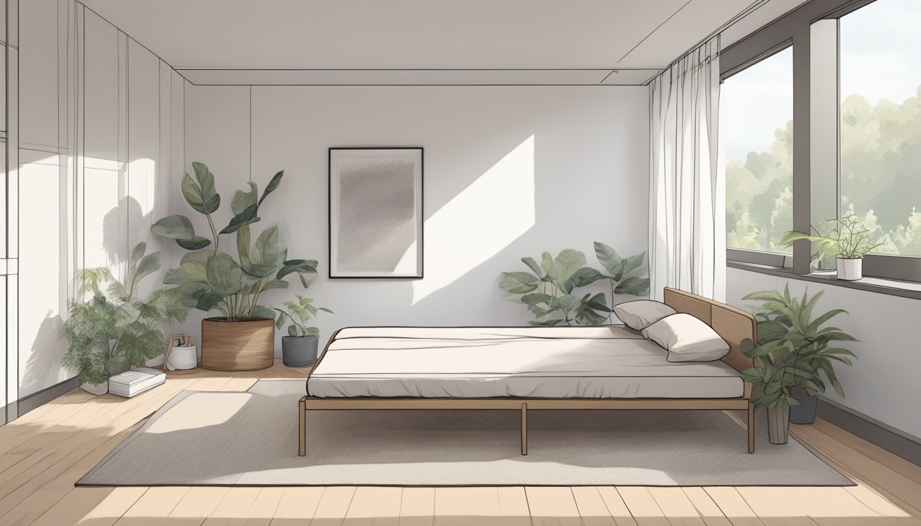 A futon bed sits in the center of a minimalist room, with clean lines and neutral colors. The bed is unmade, with a few rumpled blankets and pillows scattered across its surface
