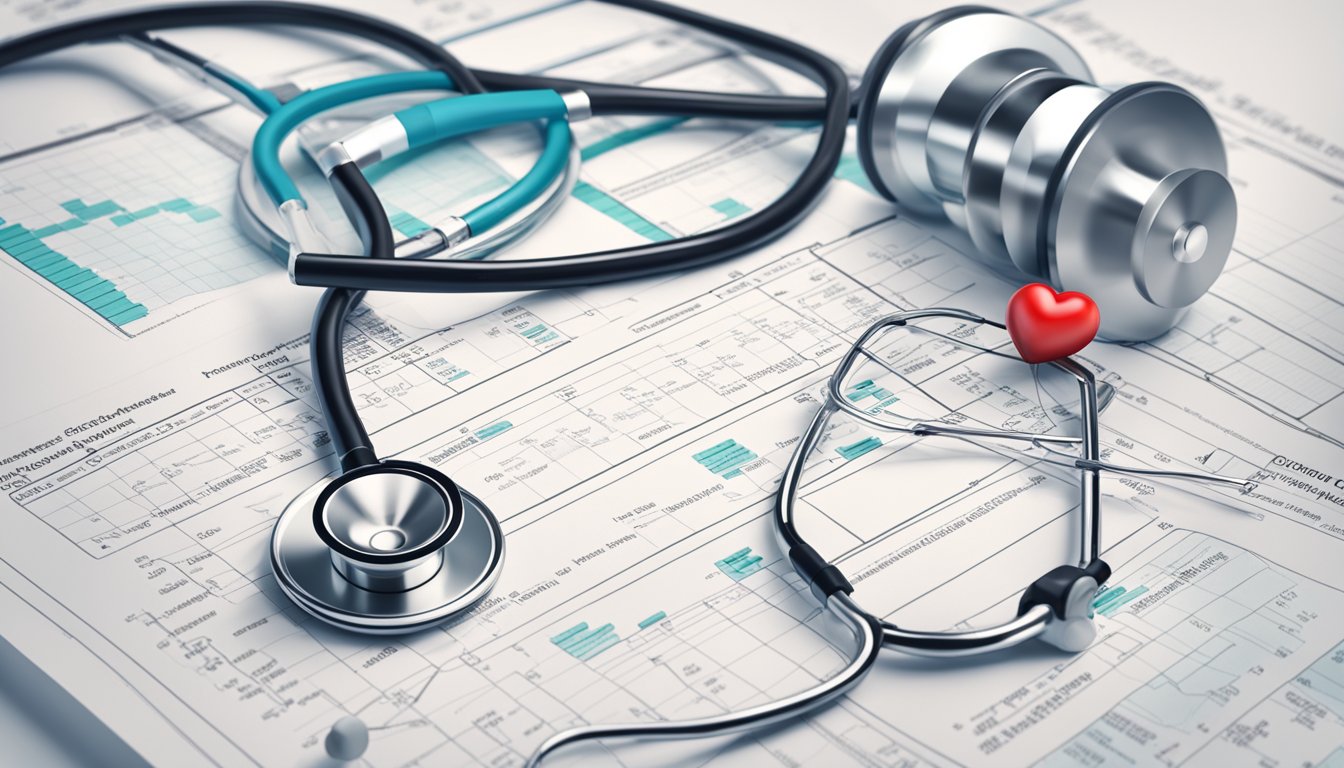A stethoscope placed on a medical chart with heart disease treatment options listed. Medications, lifestyle changes, and monitoring highlighted