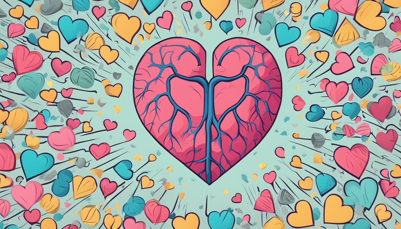 A heart with irregular beats, surrounded by question marks