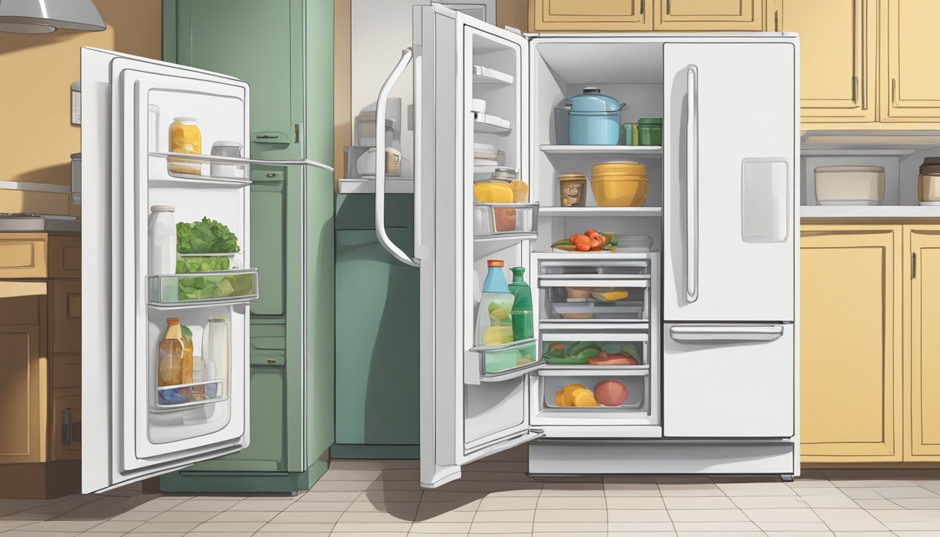 A small, basic refrigerator sits in a cluttered kitchen, its white exterior showing signs of wear. The door is slightly ajar, and a few items are precariously balanced on top