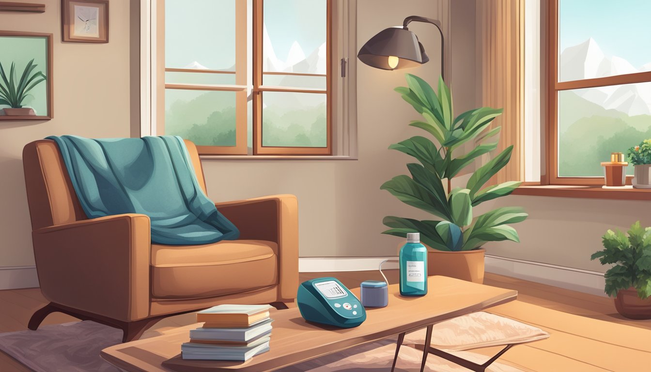 A cozy living room with a comfortable armchair, a warm blanket, and a small table with medication bottles and a blood pressure monitor