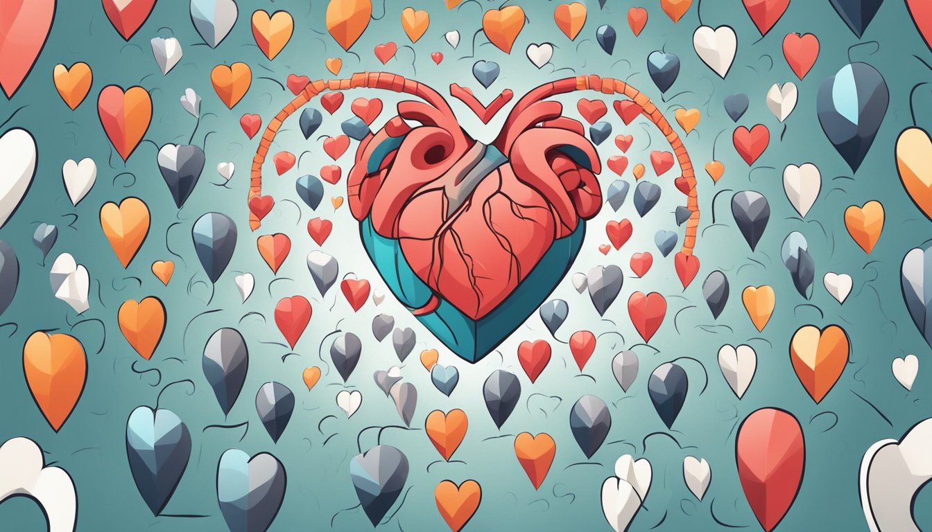 A heart surrounded by question marks, representing confusion and uncertainty about heart disease