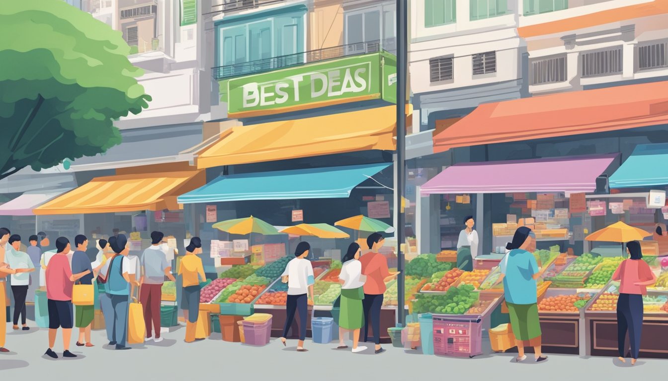 A bustling Singapore market with colorful signs advertising "Best Deals" on refrigerators. People browse and compare prices, while vendors call out their discounts
