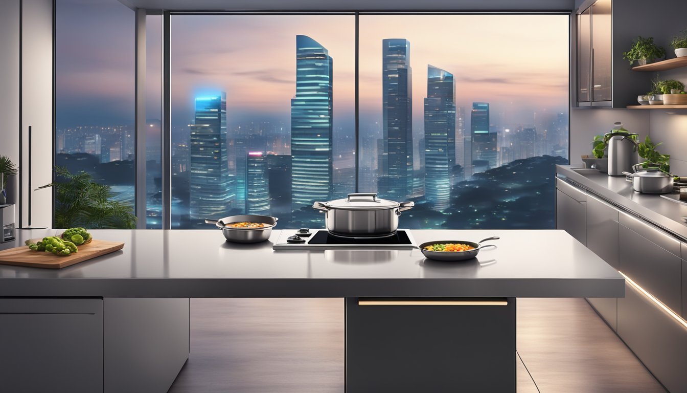 A sleek induction cooker glowing in a modern kitchen with stainless steel appliances and a panoramic view of the Singapore city skyline