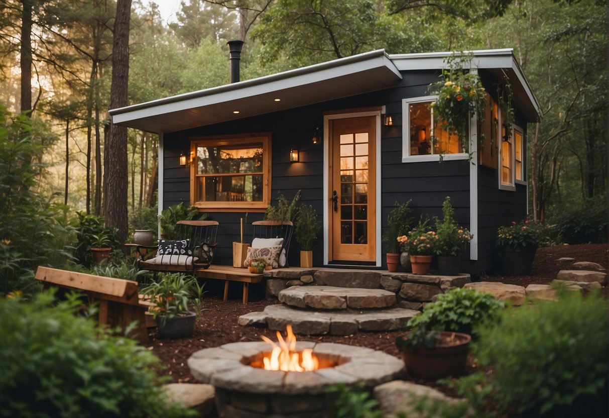 Tony and Lori's tiny house nestled in a lush forest, with a cozy fire pit and hammock outside. The house is adorned with solar panels and a small vegetable garden