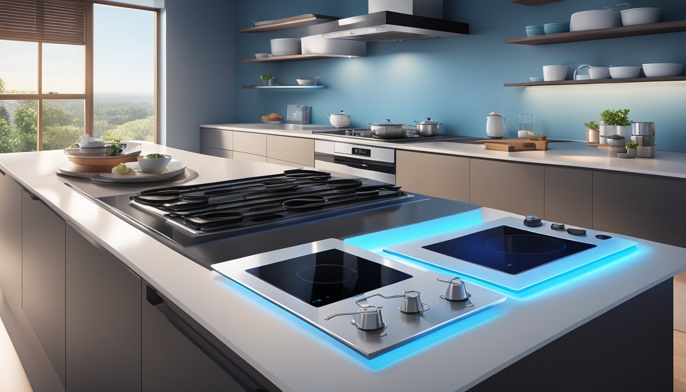 A modern kitchen with sleek countertops and a state-of-the-art induction cooker in the center, emitting a soft blue glow