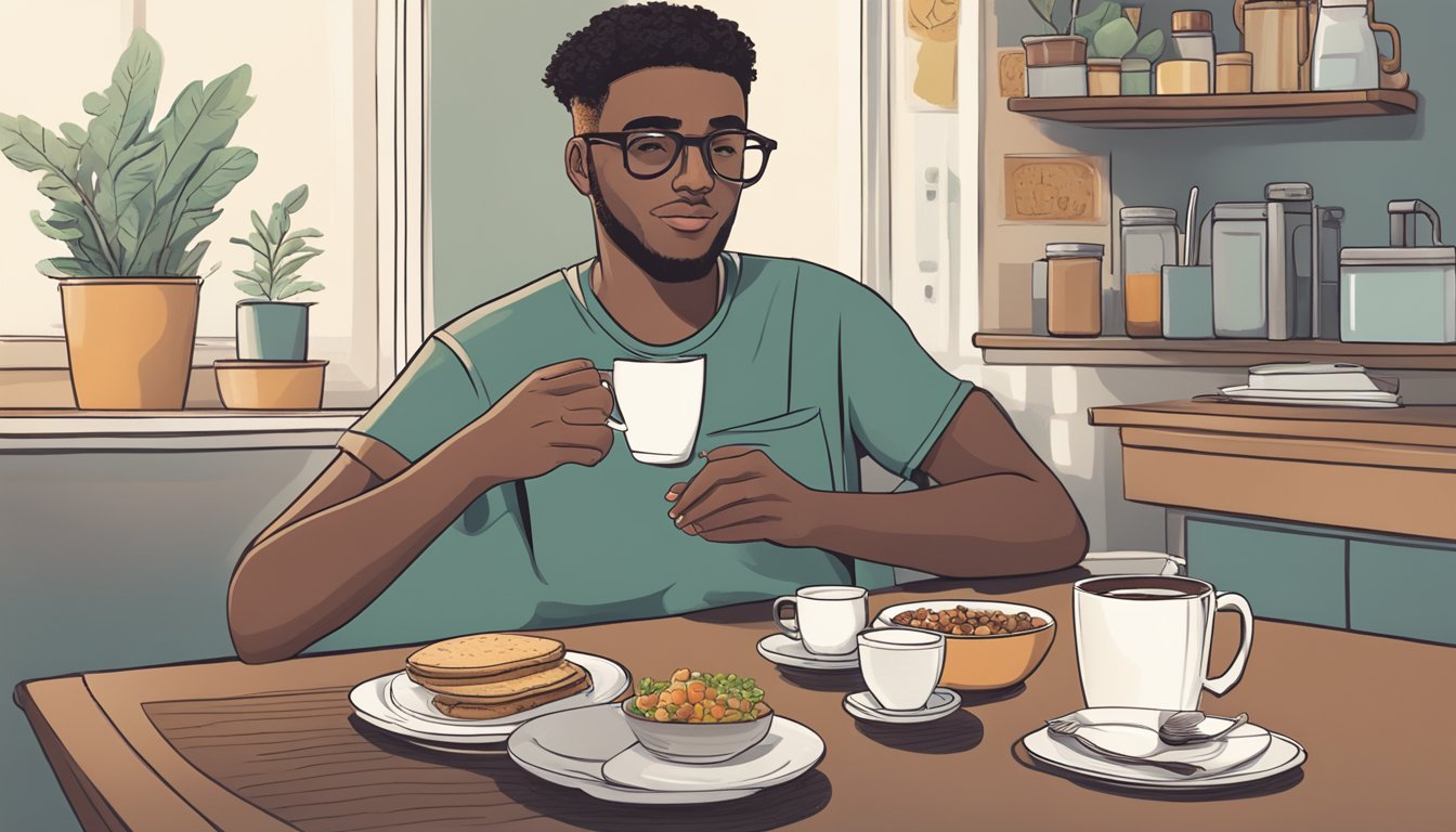 A person sitting at a table, savoring a cup of coffee with a peaceful expression, surrounded by heart-healthy foods and a post-surgery recovery guide