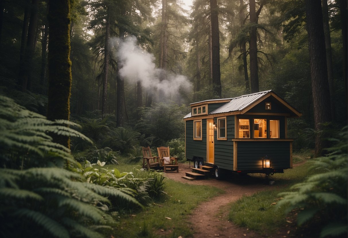 Tony and Lori's tiny house parked in a lush forest clearing, smoke rising from the chimney. A winding path leads to the front door, with a hammock strung between two trees nearby
