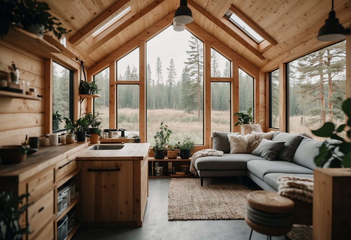A cozy tiny house with efficient design and minimalistic decor, surrounded by nature and bathed in natural light