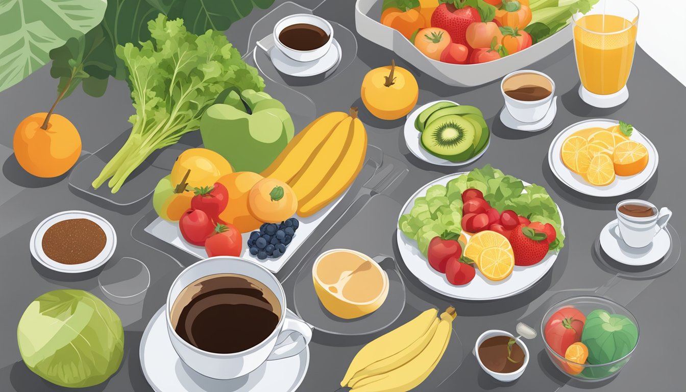 A table set with a cup of coffee, fruits, vegetables, and lean protein, representing heart surgery recovery dietary guidelines