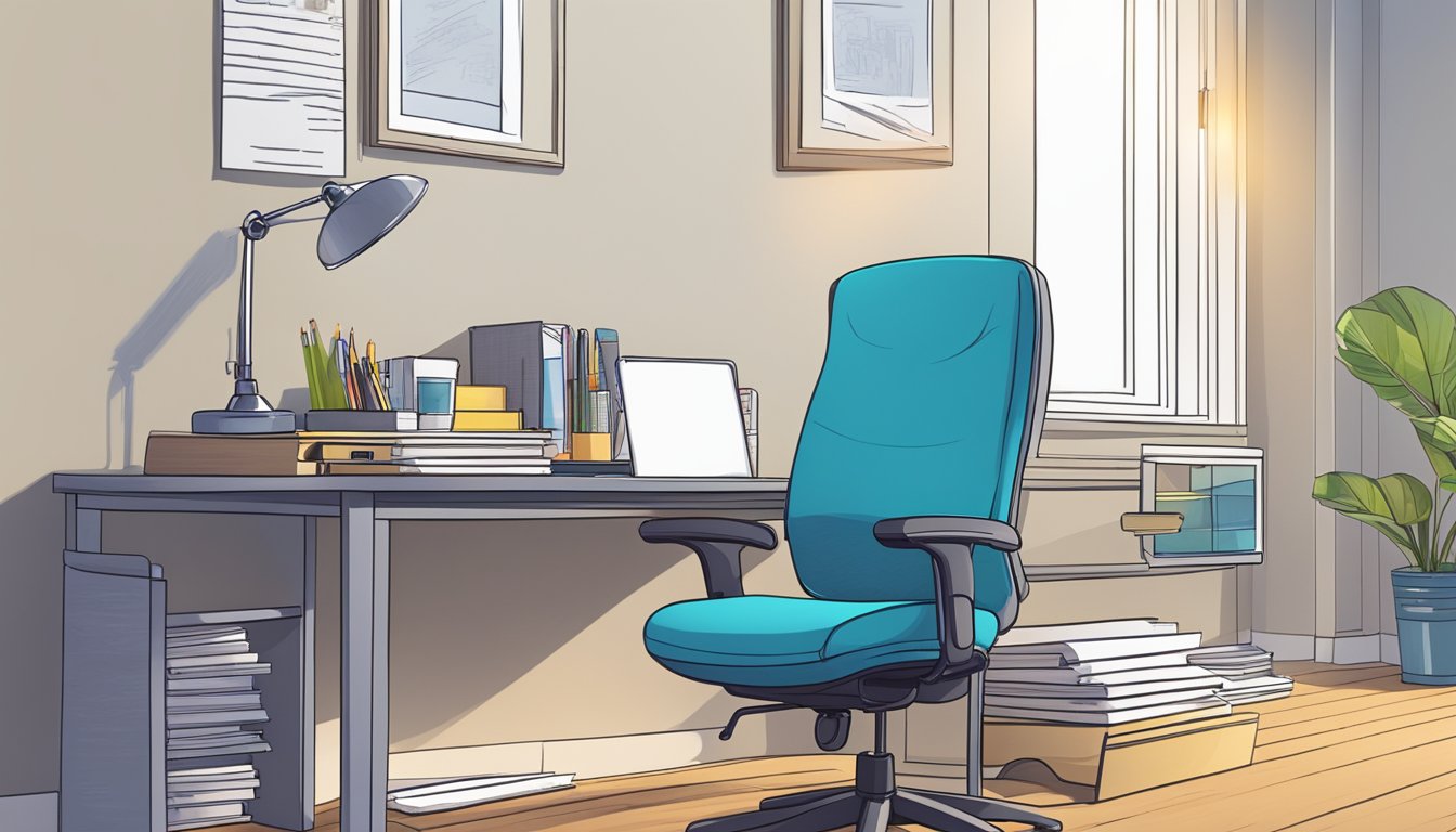 A chair facing a desk with a computer, papers, and a pen. A lamp illuminates the workspace