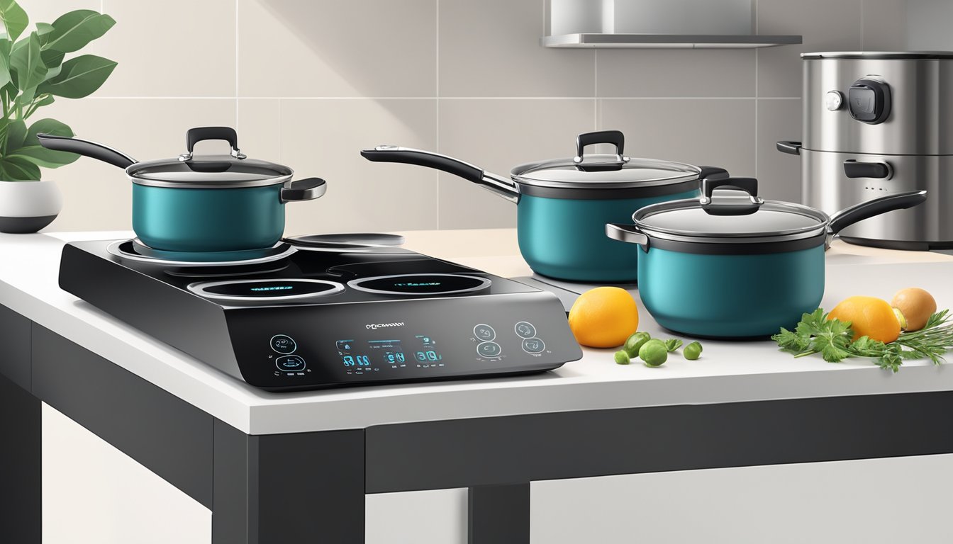 A sleek induction cooker with touch controls, surrounded by various pots and pans, set against a modern kitchen backdrop