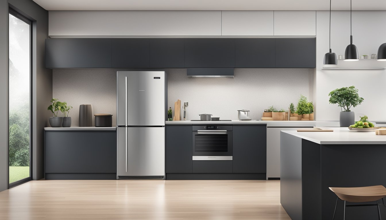 A sleek, modern fridge with a prominent brand logo, surrounded by a clean, minimalist kitchen setting in Singapore