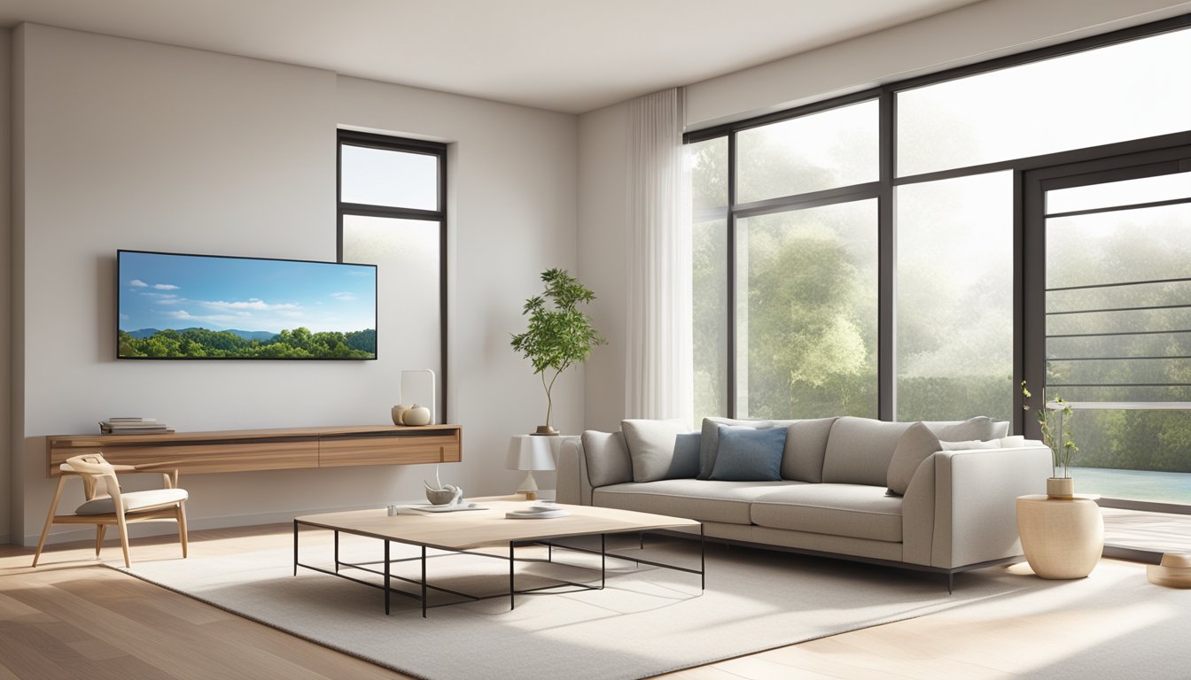 A Mitsubishi split AC unit mounted on a white wall, surrounded by a clean and modern living room with minimalistic furniture and a large window letting in natural light