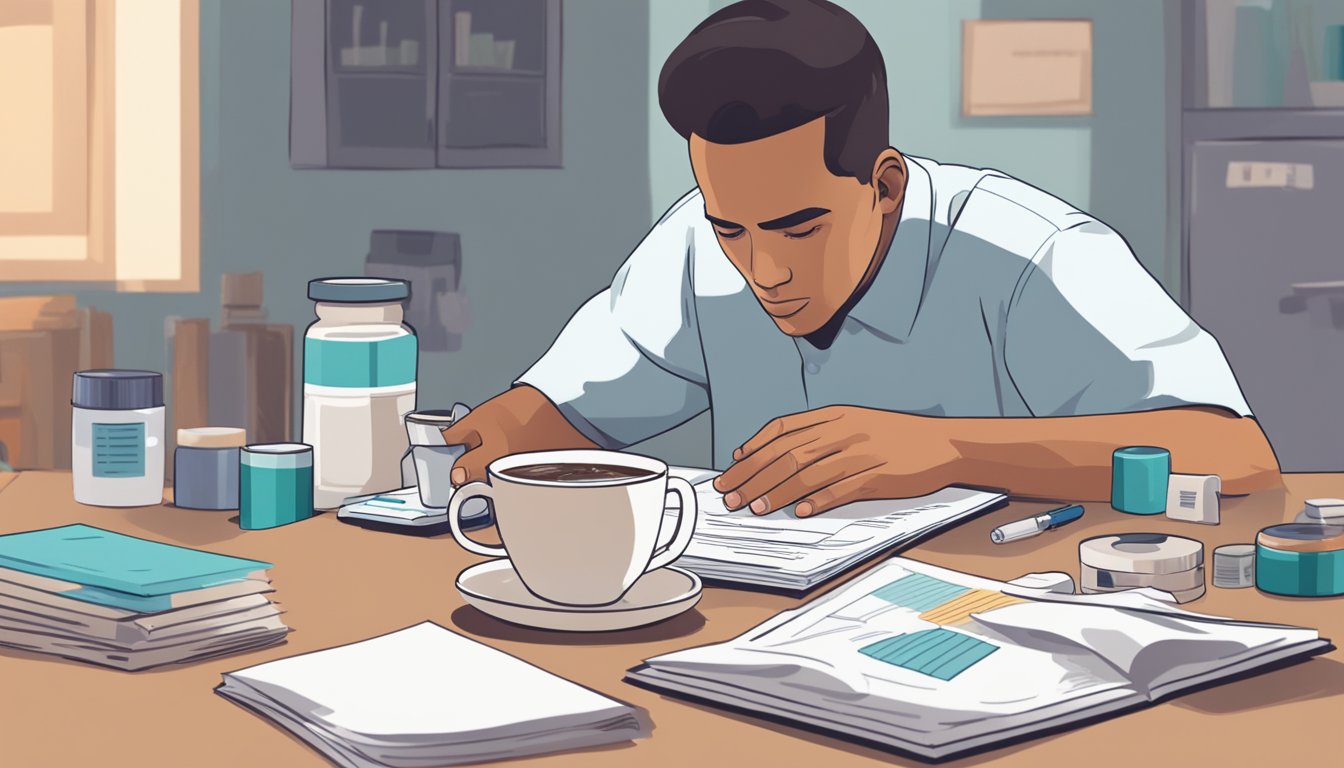 A person sitting at a table with a cup of coffee, surrounded by various medications and medical equipment. A concerned expression on their face as they read through a pamphlet about managing side effects and complications after heart surgery