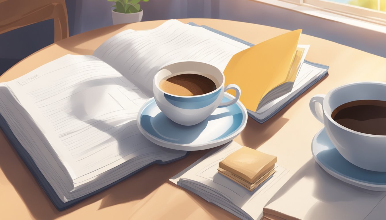 A steaming cup of coffee sits on a table next to a heart surgery recovery guidebook, a comfortable chair, and a sunlight-filled room