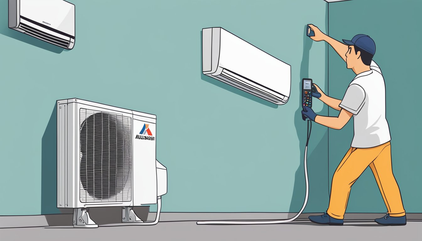 A Mitsubishi split AC unit being installed on a wall with a technician holding a remote control for programming