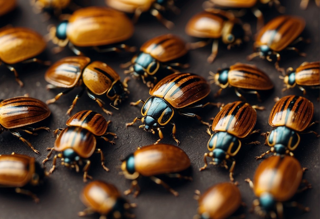 Tiny beetles crawl on household surfaces, some with round bodies and others elongated. They vary in color from brown to black, and may have patterns or spots