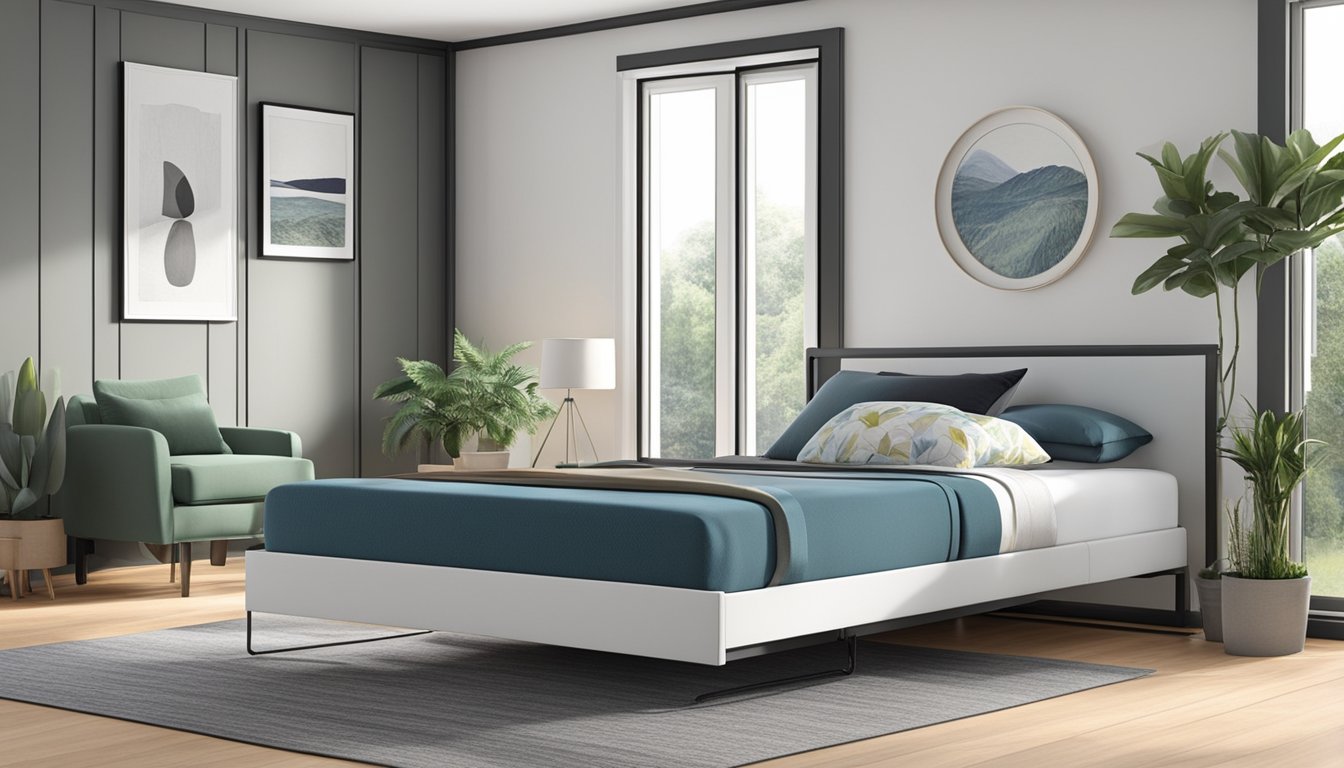 A pull-out bed frame with a sleek, modern design. It features smooth, clean lines and a sturdy, metal construction. The frame is shown in a room with minimalistic decor, emphasizing its contemporary style