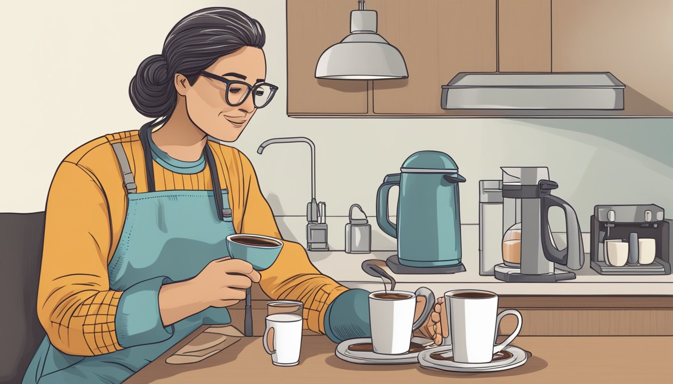 A person pours a cup of coffee with a "Frequently Asked Questions" label after heart surgery