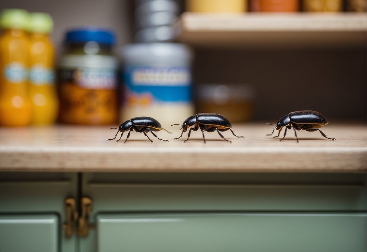 Tiny beetles crawling in kitchen cabinets, pantry, and food storage areas. Infested food packages with small holes and powdery residue