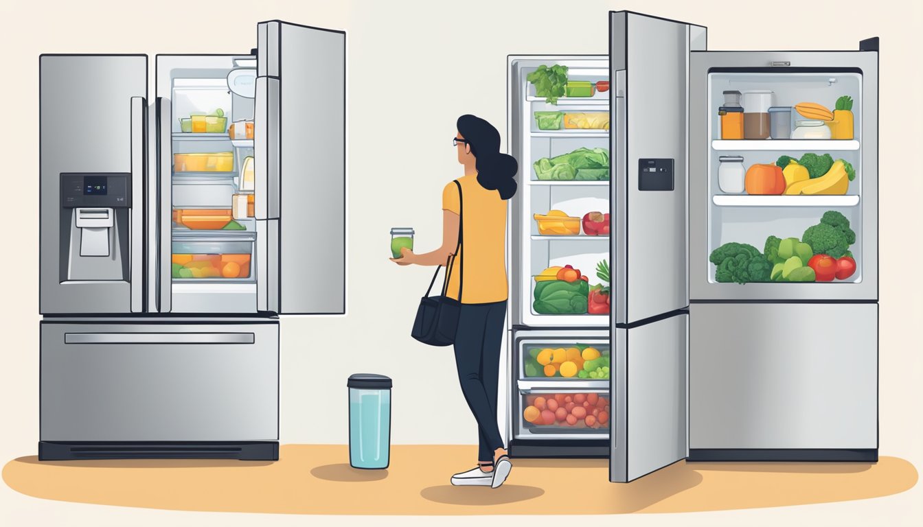 A person in a Singaporean kitchen comparing different fridge brands for size, features, and energy efficiency