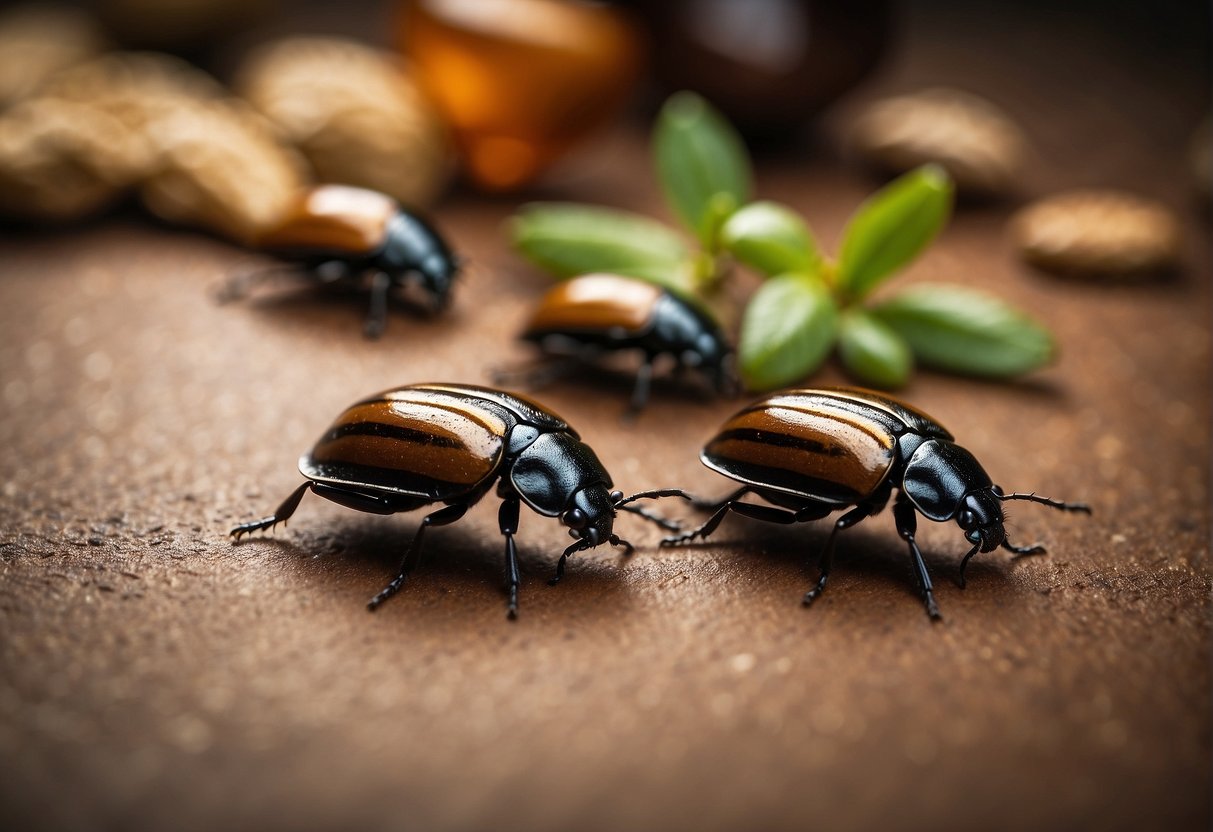 Tiny beetles crawl across a kitchen counter, pantry shelves, and walls. They are small, brown, and move quickly